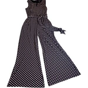 Tommy Hilfiger Black & White Polka Dot Jumpsuit|Retro Chic Wide-Leg Tie-Waist|10